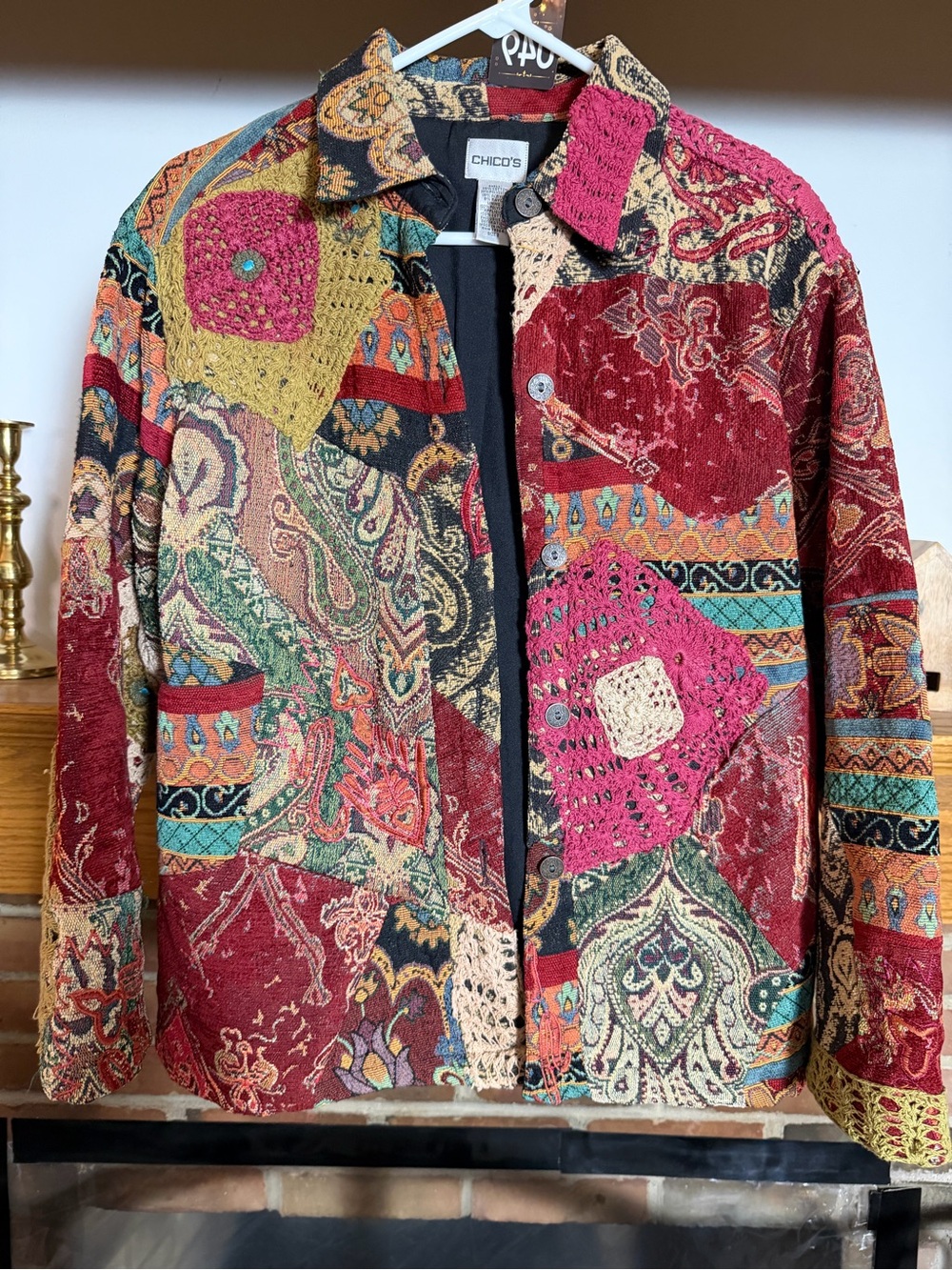 Chico's Patchwork Crochet-Accent Multicolor Jean Jacket